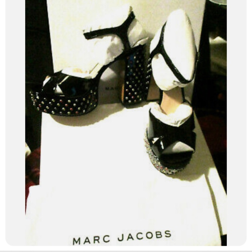 Marc Jacobs Patent Disco Bling Sparkle Glam Studded Mary Jane Leather heels - Picture 8 of 9